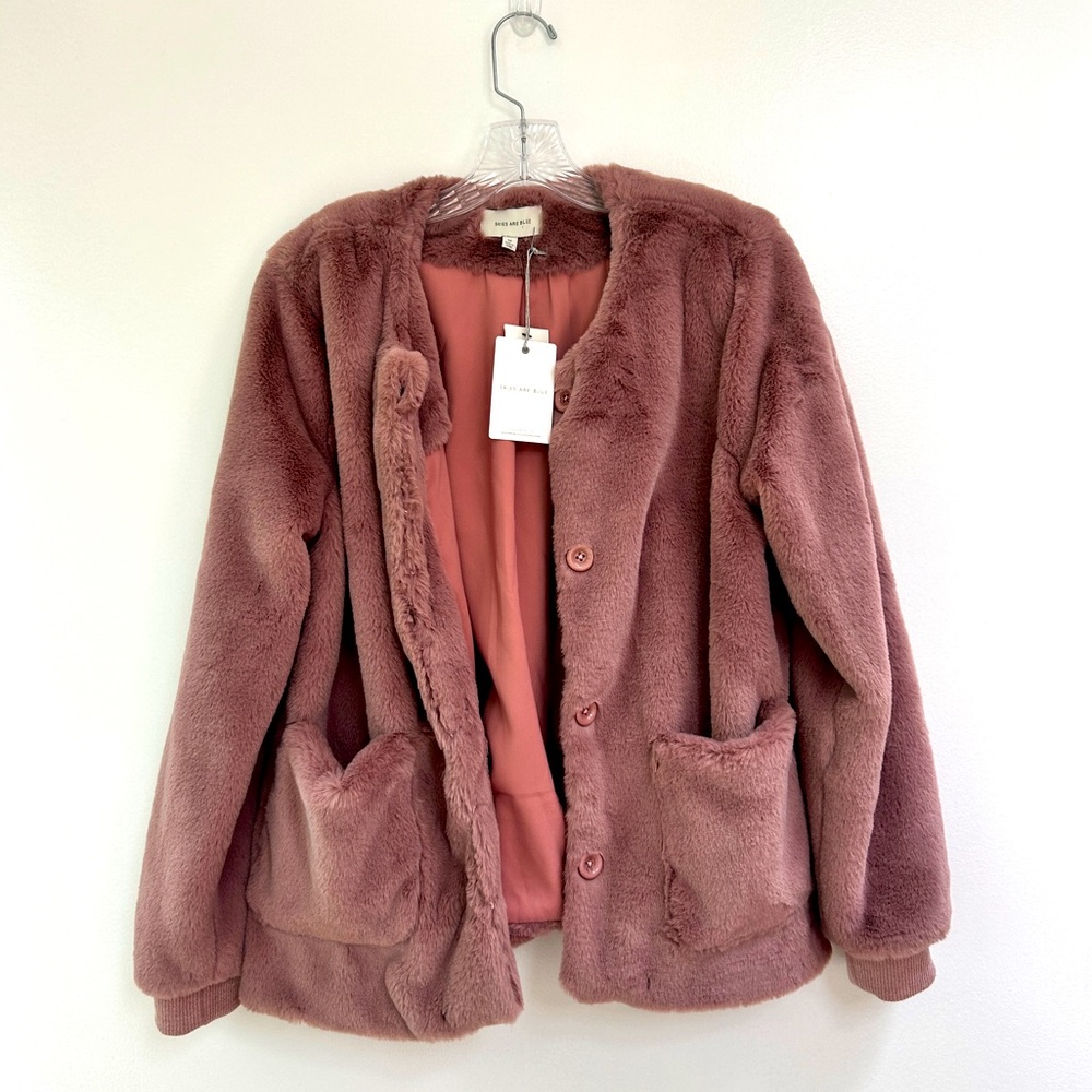 NWT - Skies Are Blue Anthropologie Plush Teddy Faux Fur Jacket Mauve Button Med.